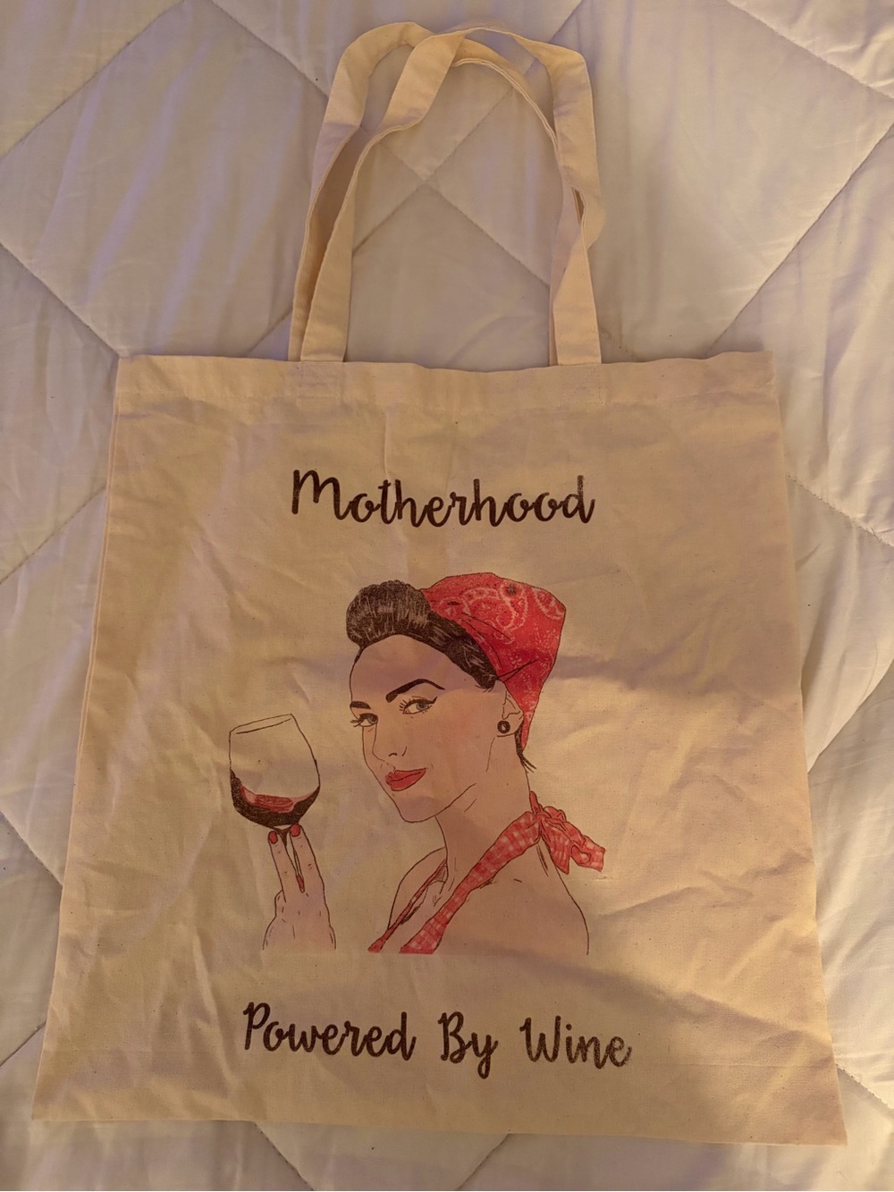 Cream Canvas Tote Bag with Red Accents- Motherhood โpowered by wineโ Design